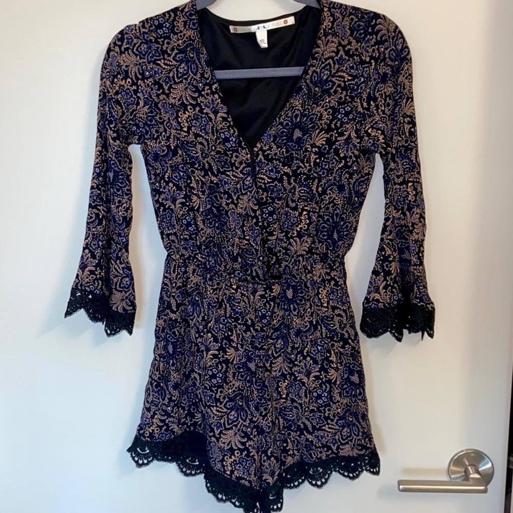 V-neck Romper Peach and Blue Lace Borders